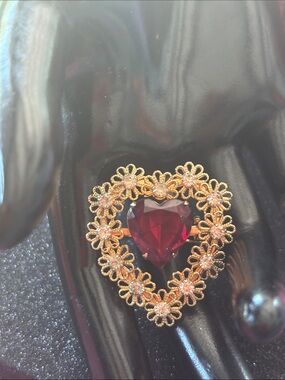 Ruby Red Australian crystal gold rhinestone accented open heart brooch